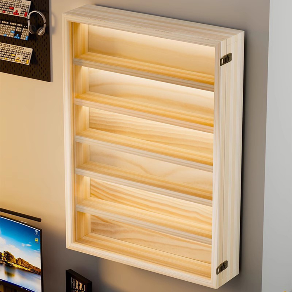 Pop Display Shelf - 6-poziomowa, drewniana witryna ścienna z przezroczystymi